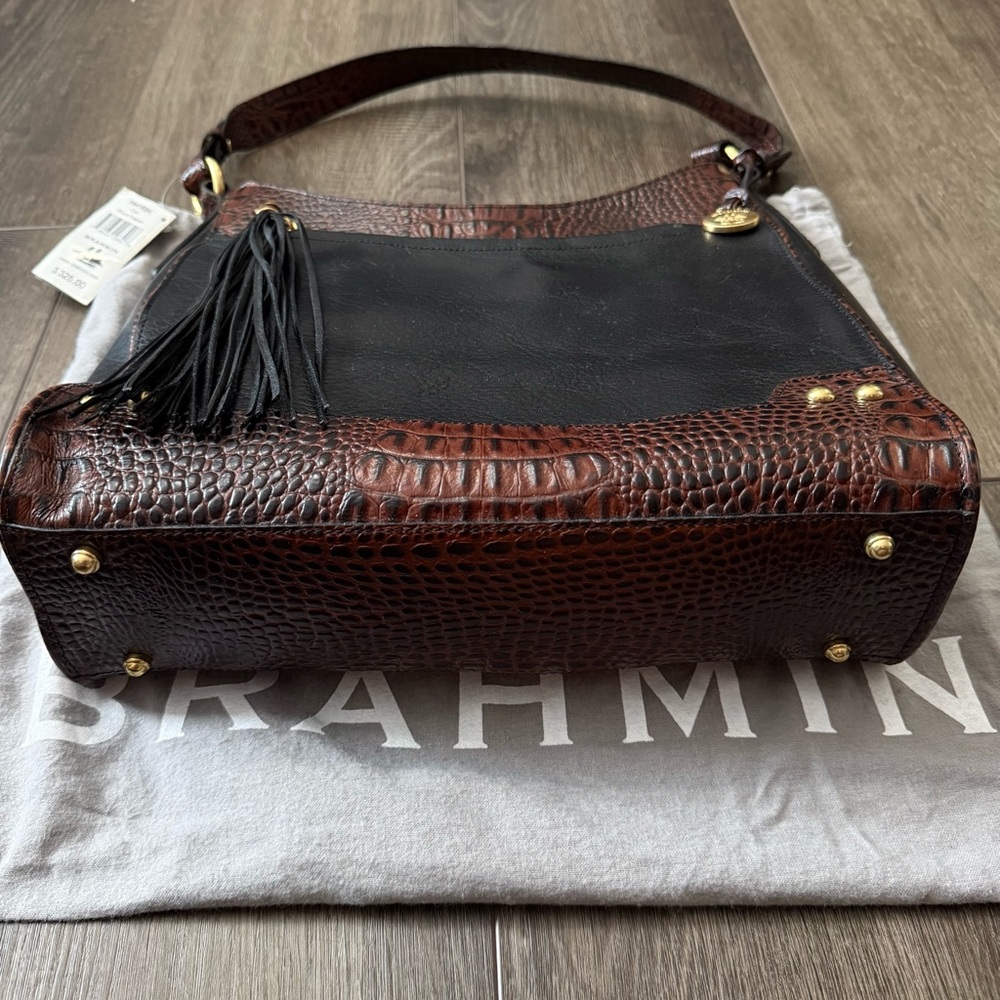 Brahmin Shoulder Bag Womens Black Brown Croc Embossed Leather Tassel Purse Tote - Picture 4 of 10
